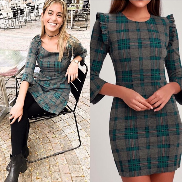 J.O.A. Dresses & Skirts - 🆕 J.O.A. Grey Teal Plaid Flounce Sleeve Dress